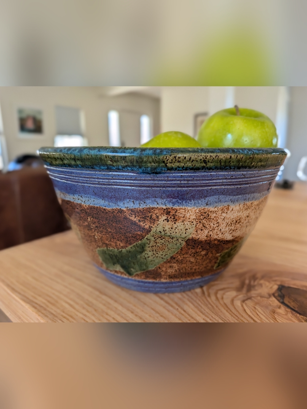 Hand thrown pottery bowl/ planter / blue glaze/ Green drip earthtones SIGNED